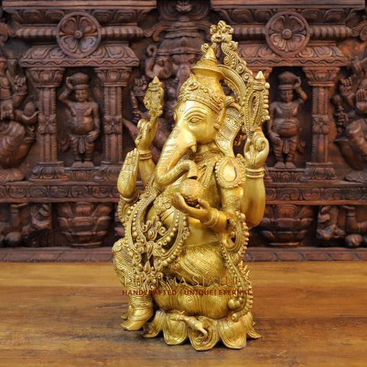 Brass Ganesh Idol, Seated on Lotus, Fine Golden Finish 21"