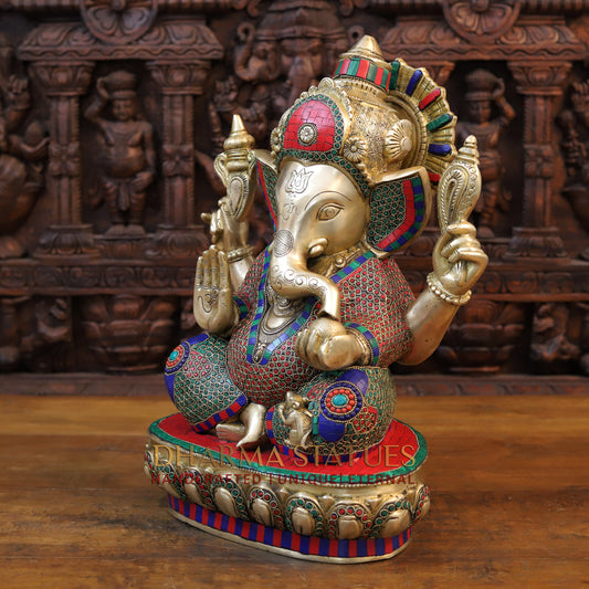 Brass Ganesh seated With crown, Golden & Stone work, 18.5”