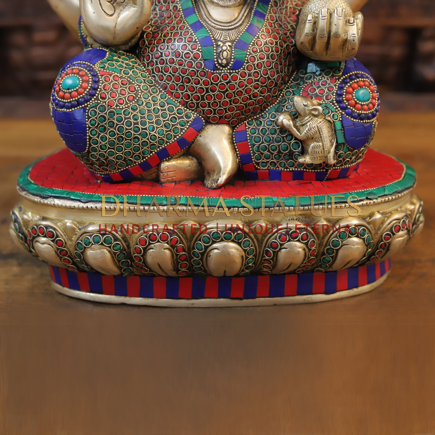 Brass Ganesh seated With crown, Golden & Stone work, 18.5”