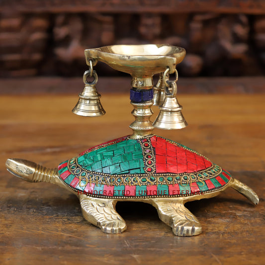 Brass Tortoise Diya with Hanging Bells, Golden & Stonework, 6"