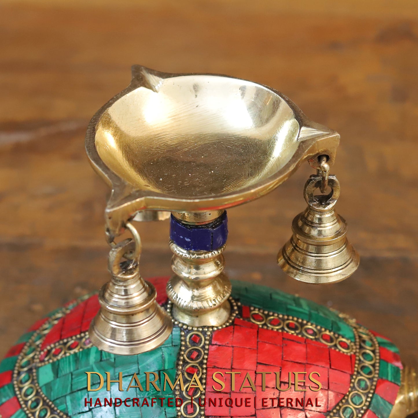 Brass Tortoise Diya with Hanging Bells, Golden & Stonework, 6"