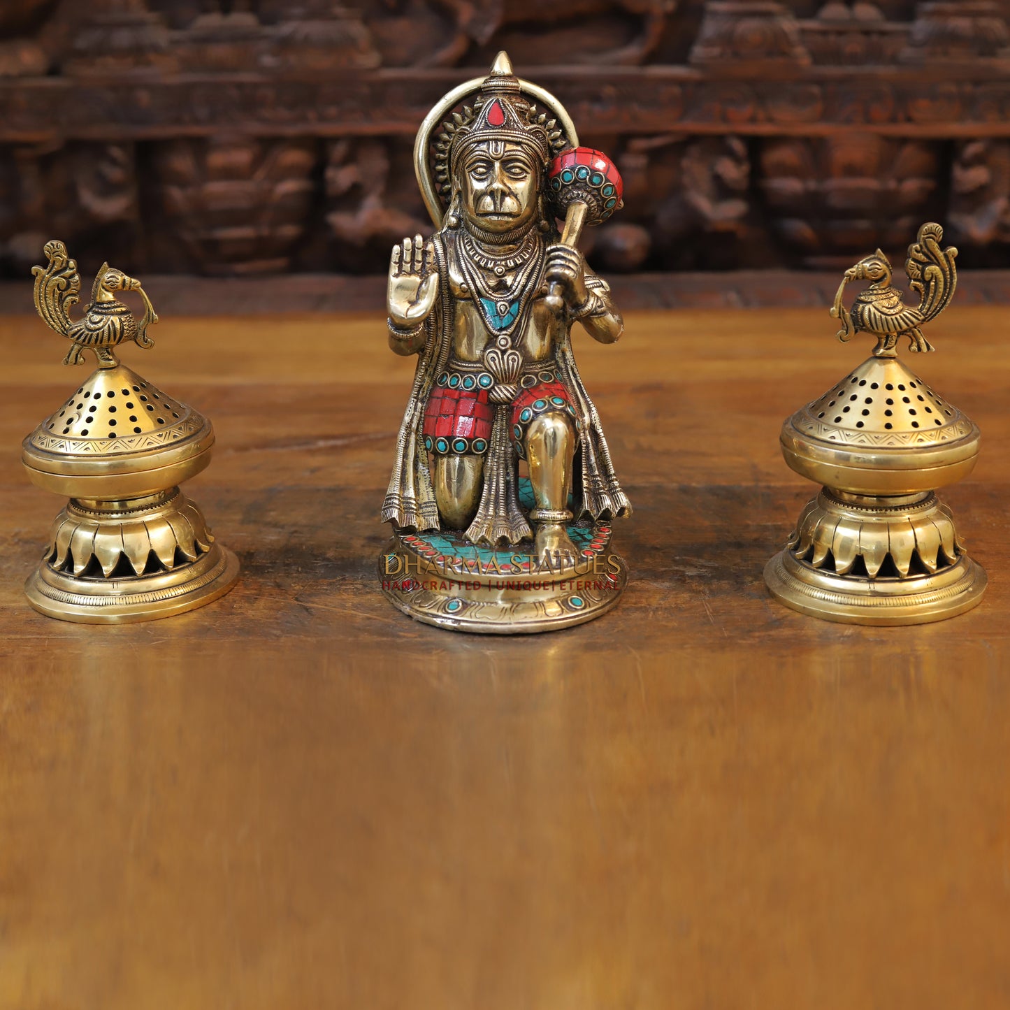 Brass Hanuman Idol, Seated in a Blessing Posture, Golden Finish & Stonework, 9.5"
