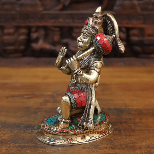 Brass Hanuman Idol, Seated in a Blessing Posture, Golden Finish & Stonework, 9.5"