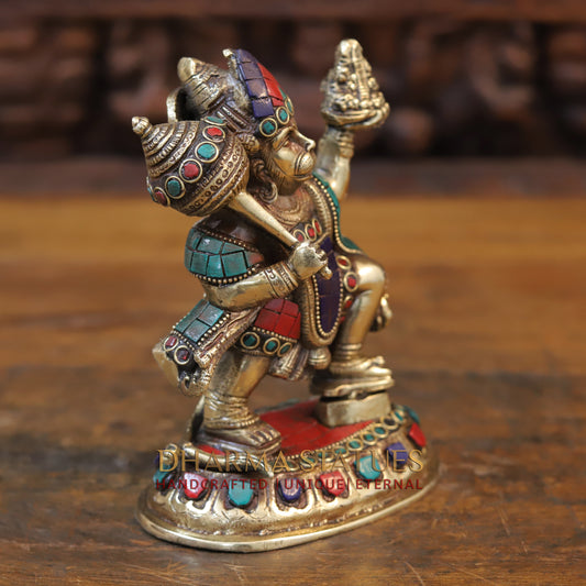 Brass Hanuman Statue Lifting the Sanjivani Mountain, Golden & Stonework, 7"