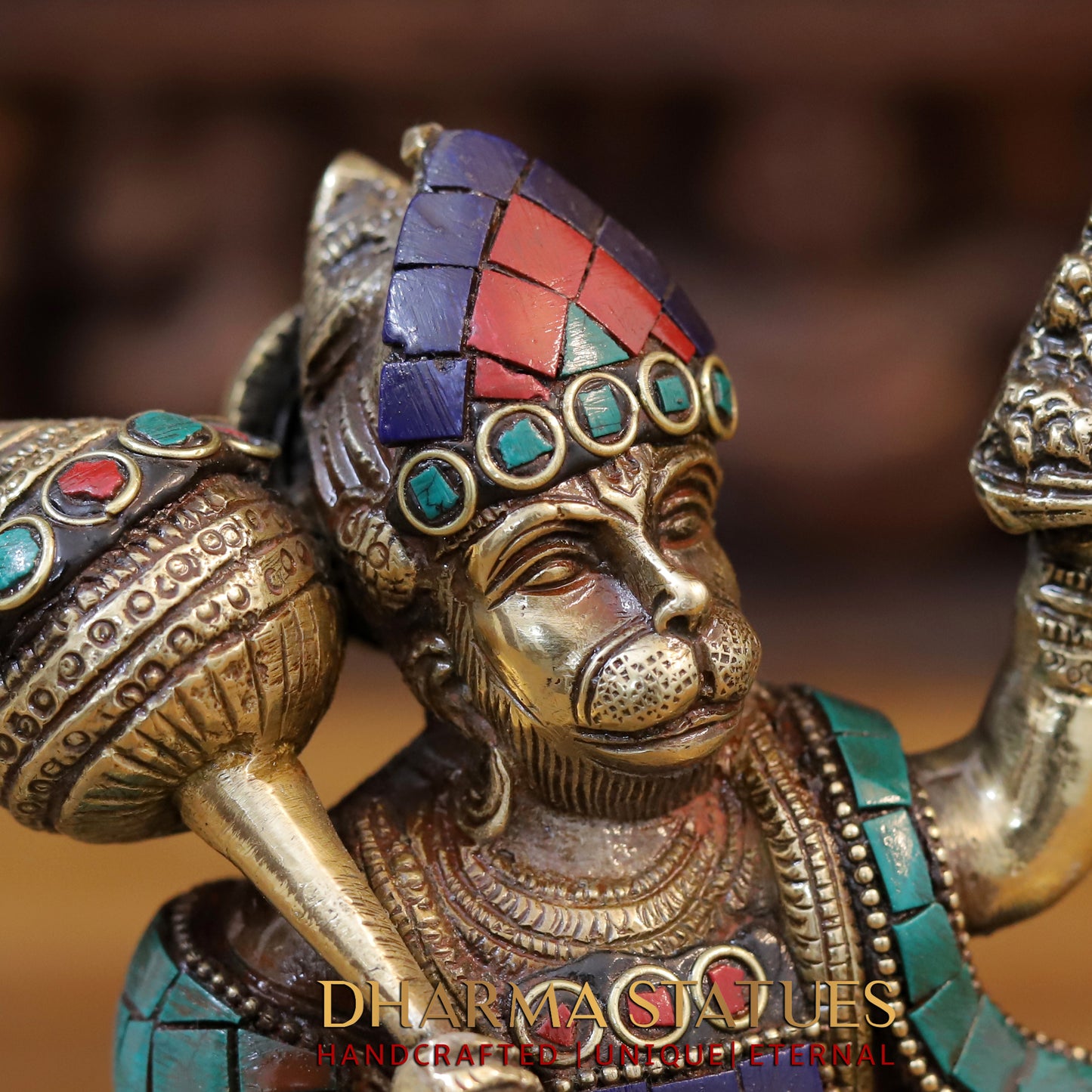 Brass Hanuman Statue Lifting the Sanjivani Mountain, Golden & Stonework, 7"