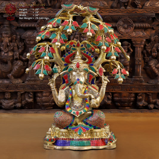 Brass Ganesh Seated Under Tree, Stonework & Golden Finish, 25"