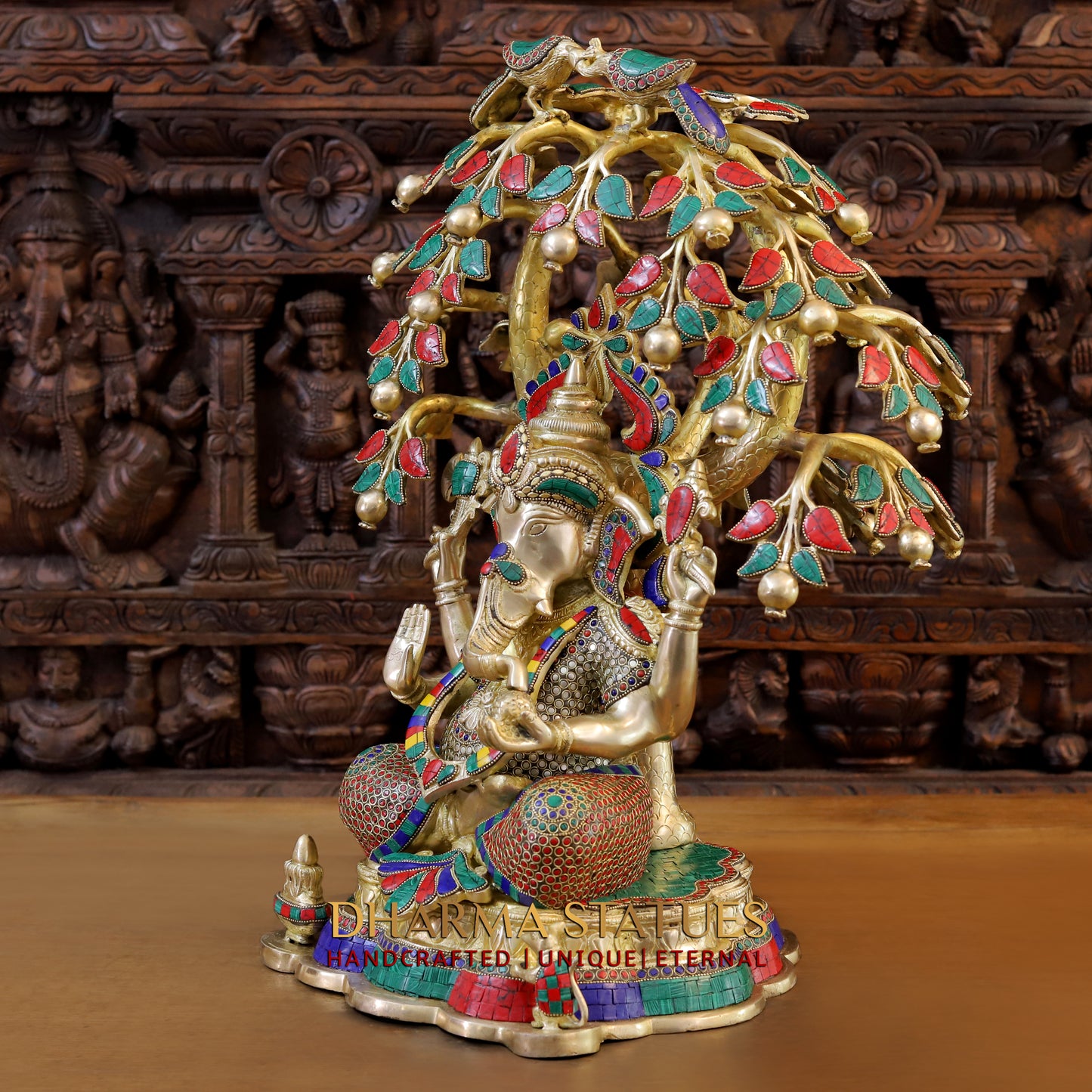 Brass Ganesh Seated Under Tree, Stonework & Golden Finish, 25"