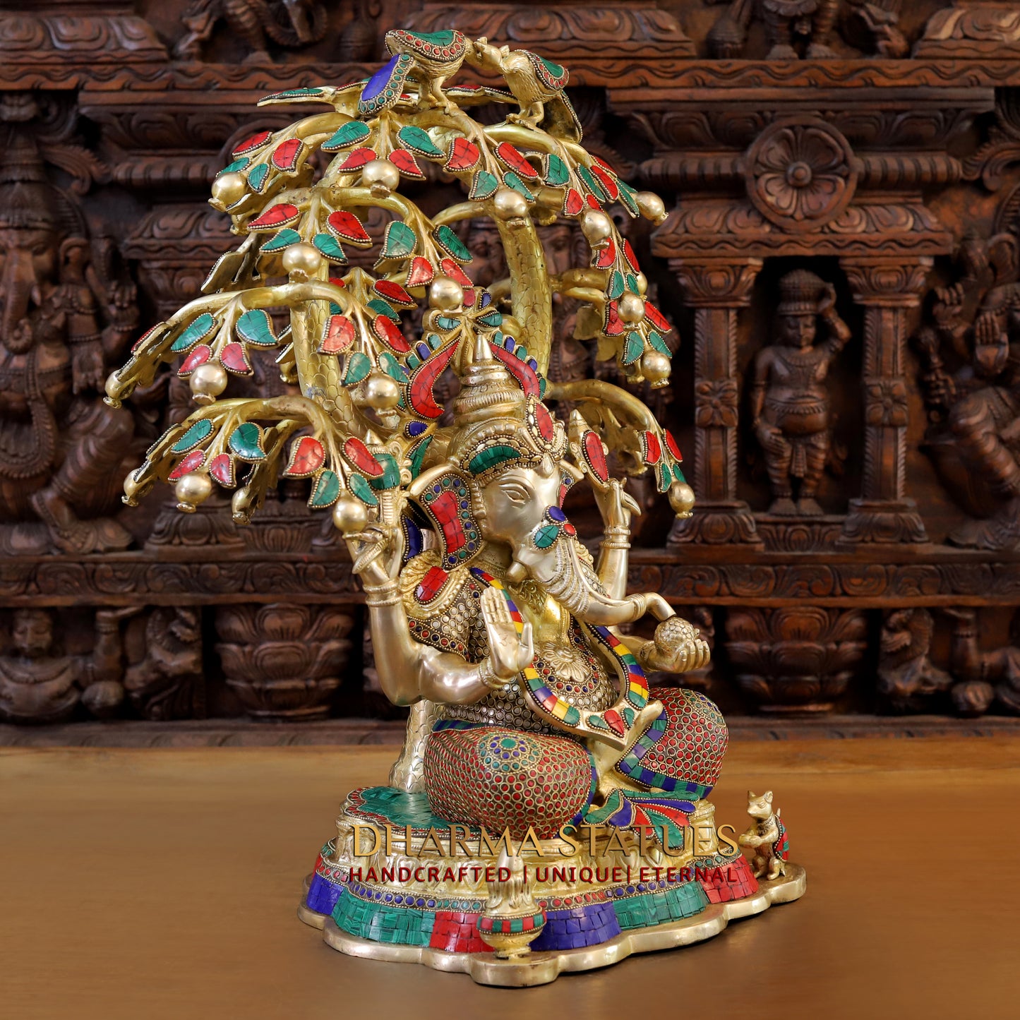 Brass Ganesh Seated Under Tree, Stonework & Golden Finish, 25"