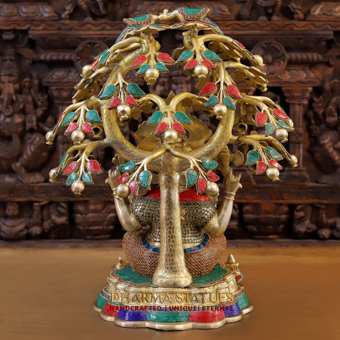 Brass Ganesh Seated Under Tree, Stonework & Golden Finish, 25"