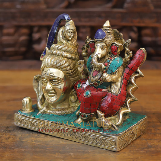 Brass Shiva Ganesh Statue, Golden & Stonework, 8.5"
