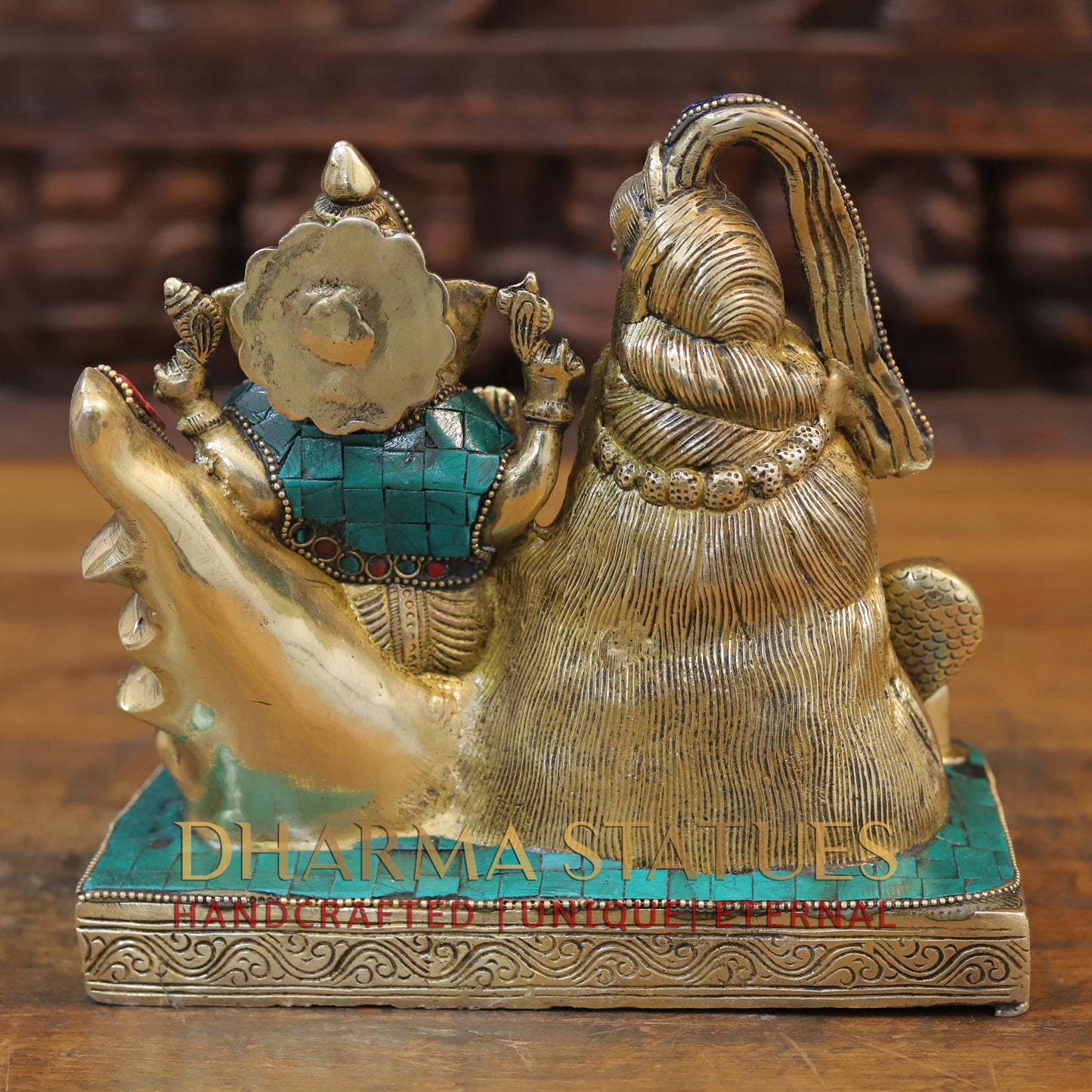 Brass Shiva Ganesh Statue, Golden & Stonework, 8.5"