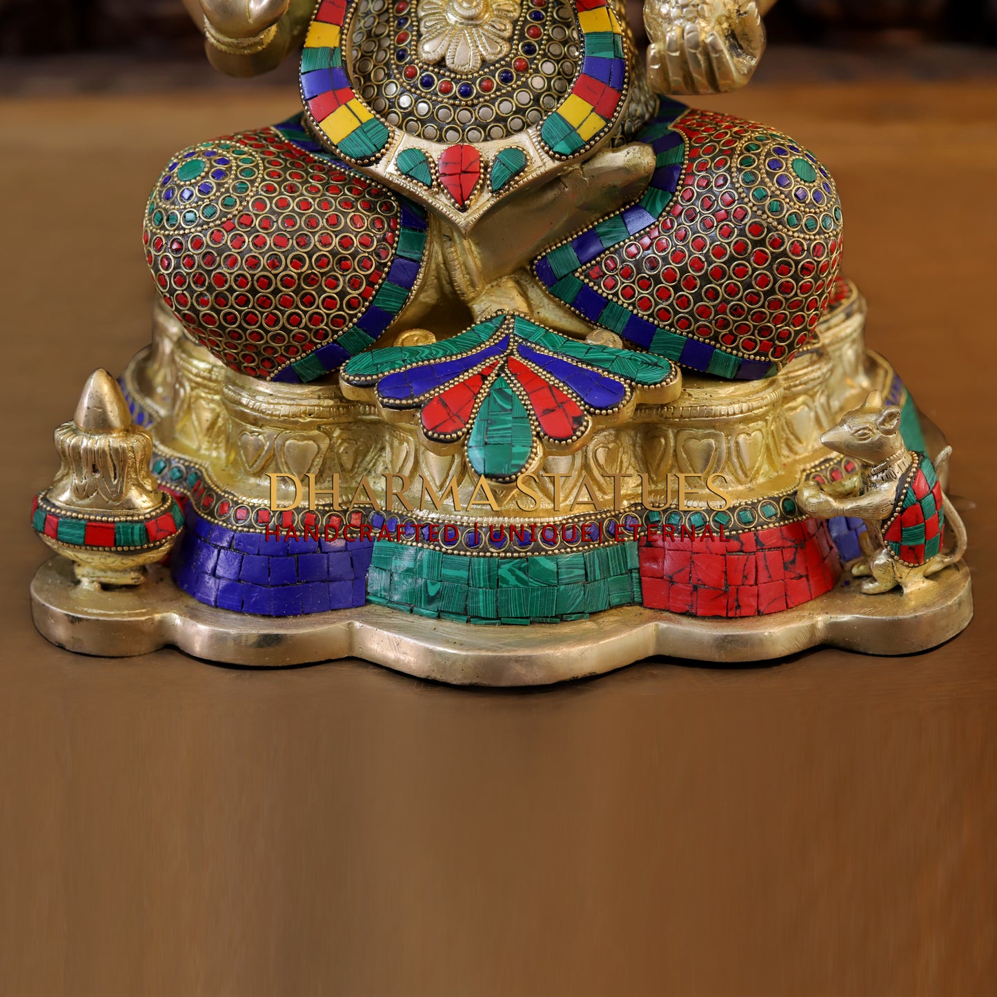 Brass Ganesh Seated Under Tree, Stonework & Golden Finish, 25"