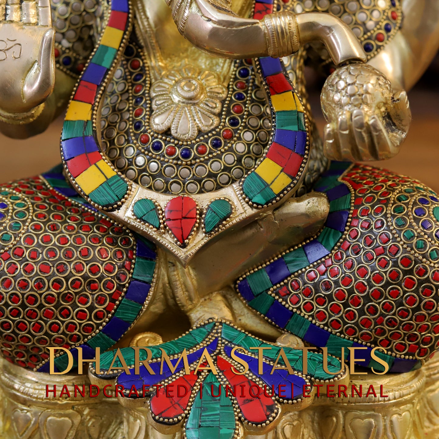 Brass Ganesh Seated Under Tree, Stonework & Golden Finish, 25"