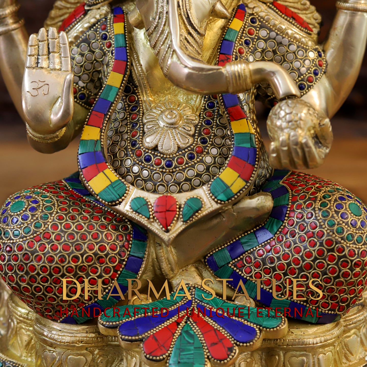 Brass Ganesh Seated Under Tree, Stonework & Golden Finish, 25"