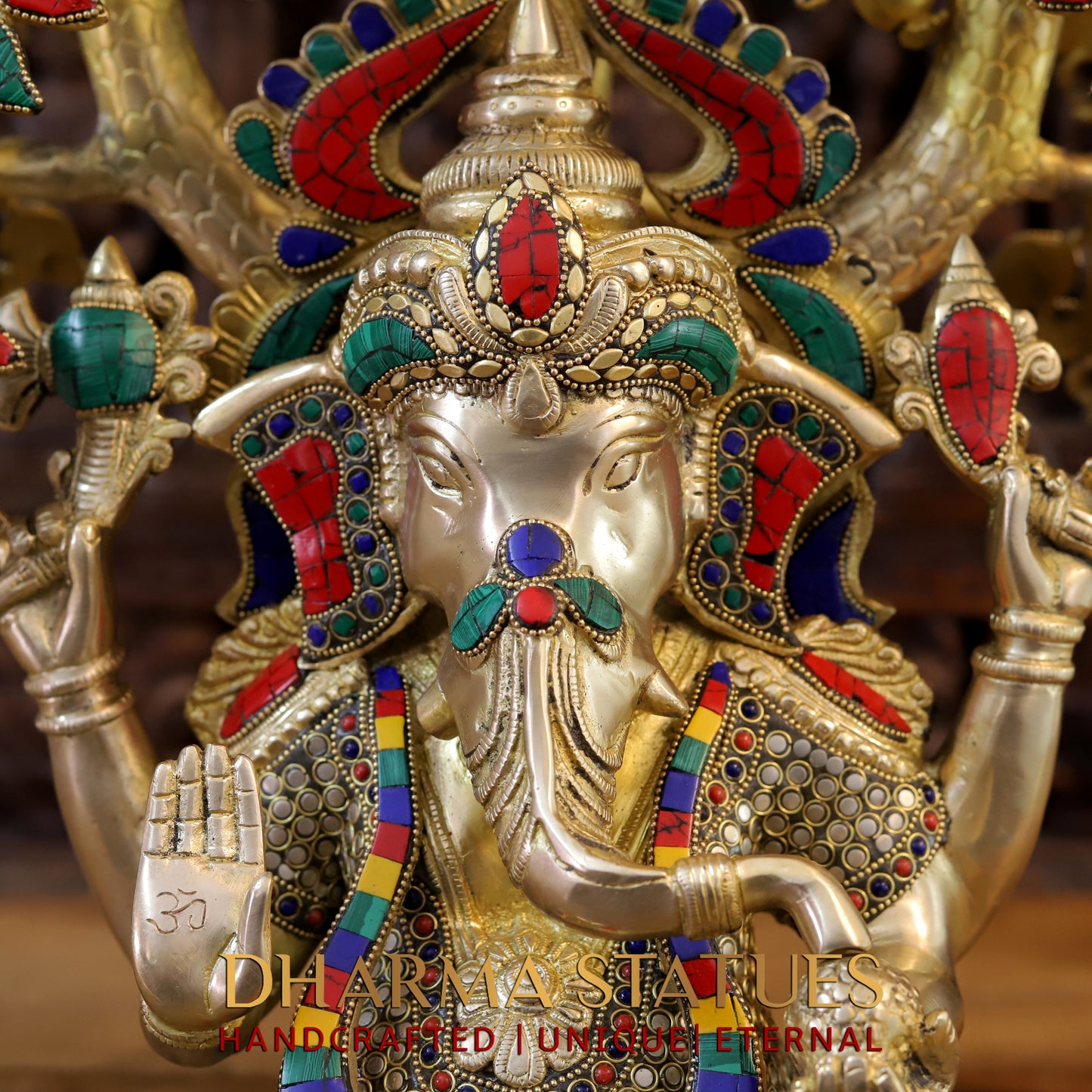 Brass Ganesh Seated Under Tree, Stonework & Golden Finish, 25"