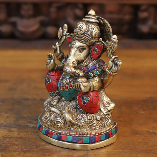 Brass Ganesh seated with rat in Circular base, Golden & Stone work, 7”