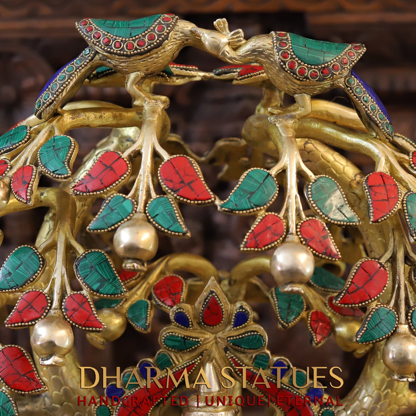 Brass Ganesh Seated Under Tree, Stonework & Golden Finish, 25"