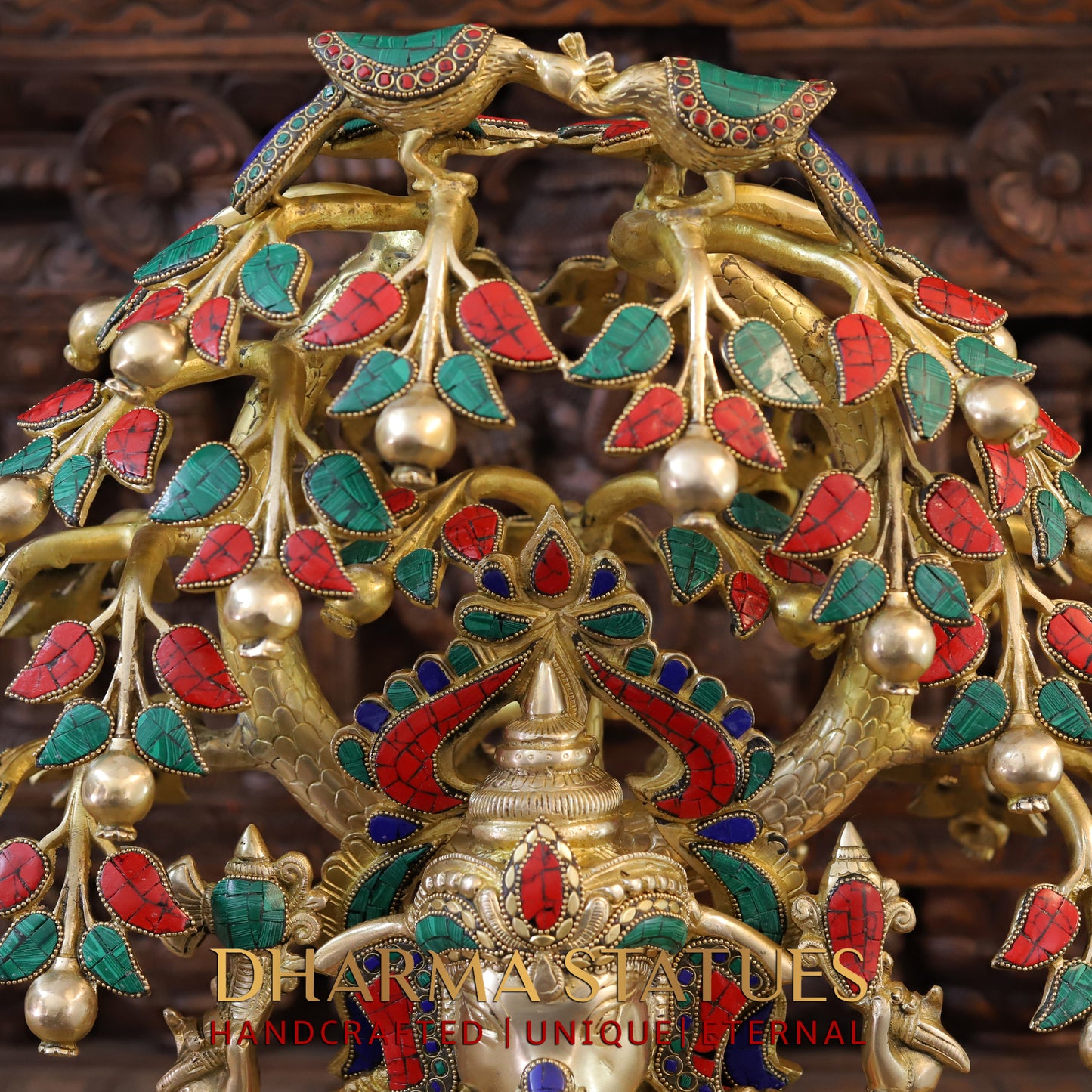 Brass Ganesh Seated Under Tree, Stonework & Golden Finish, 25"