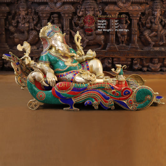 Brass Resting Ganesh, Stonework & Golden Finish, 16"