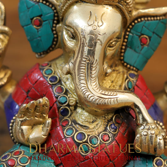 Brass Ganesh seated with tilted neck, Golden & Stone work, 5.5"