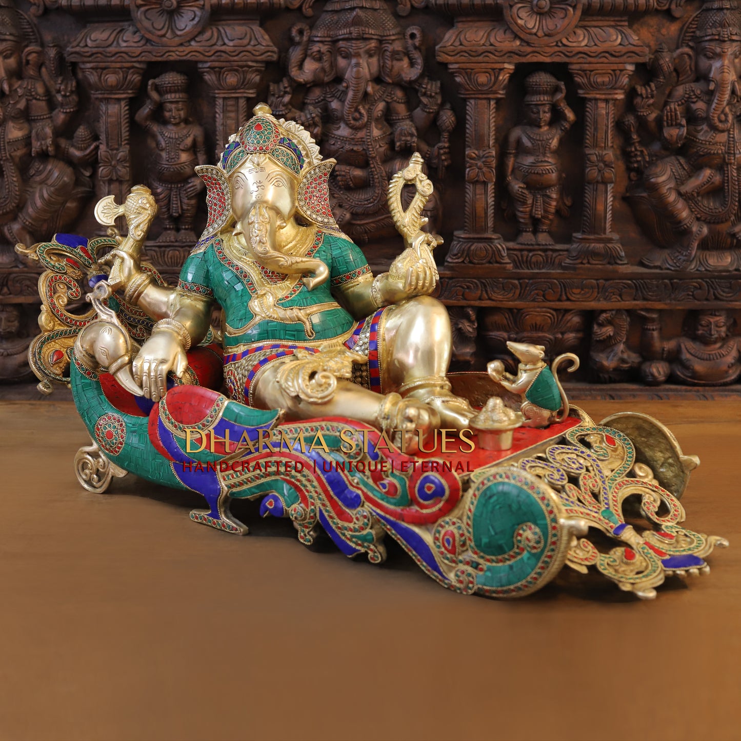 Brass Resting Ganesh, Stonework & Golden Finish, 16"