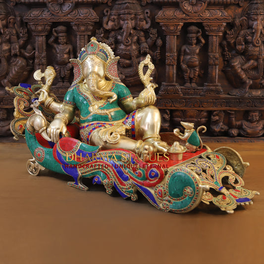 Brass Resting Ganesh, Stonework & Golden Finish, 16"