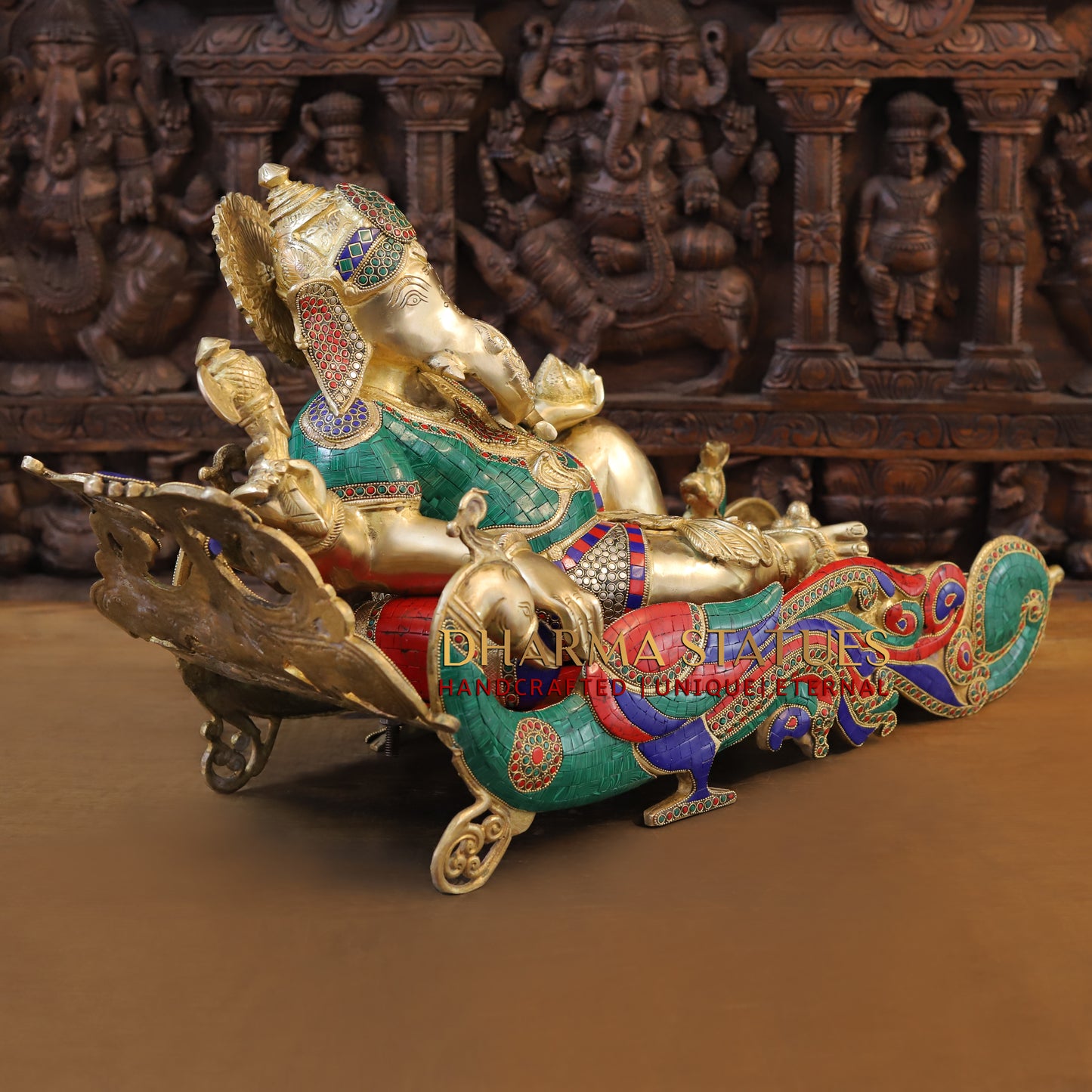 Brass Resting Ganesh, Stonework & Golden Finish, 16"
