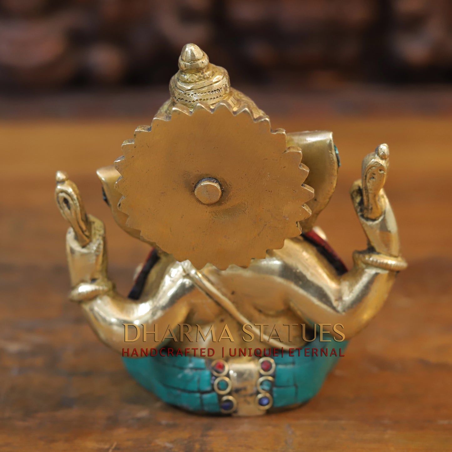 Brass Ganesh seated with tilted neck, Golden & Stone work, 5.5"