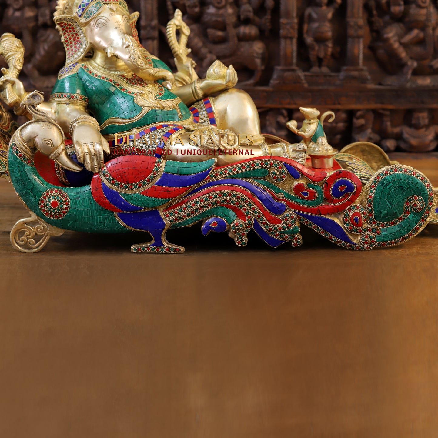 Brass Resting Ganesh, Stonework & Golden Finish, 16"