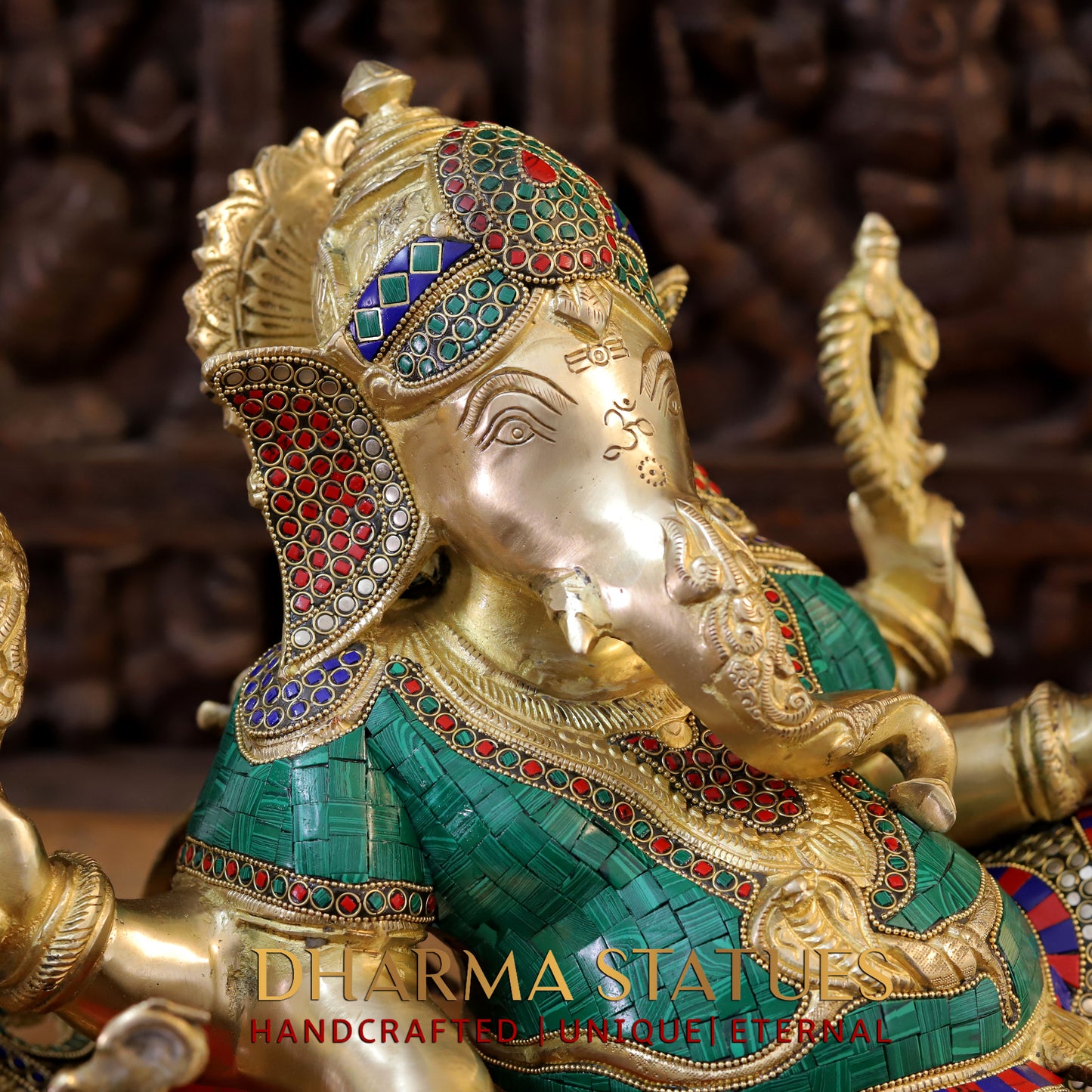Brass Resting Ganesh, Stonework & Golden Finish, 16"