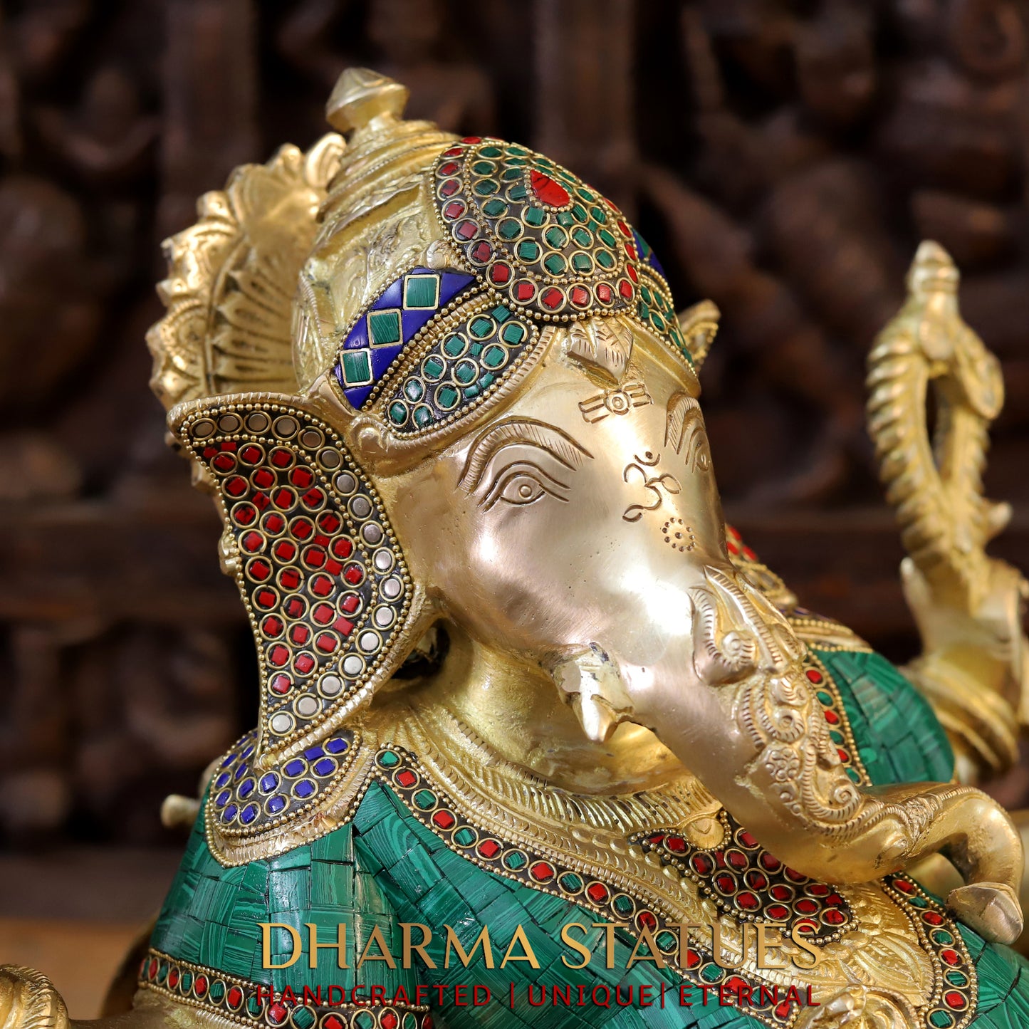 Brass Resting Ganesh, Stonework & Golden Finish, 16"