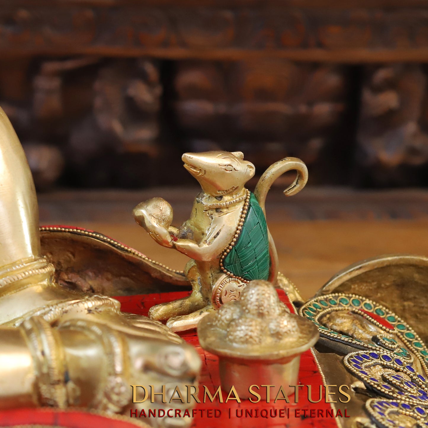 Brass Resting Ganesh, Stonework & Golden Finish, 16"