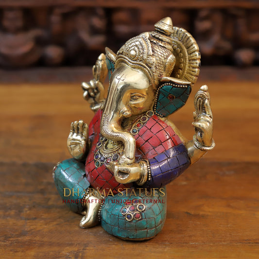 Brass Ganesh seated with tilted neck, Golden & Stone work, 7"
