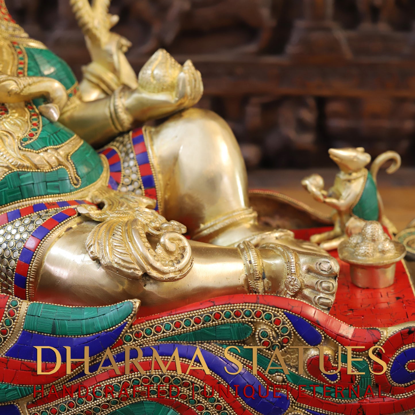 Brass Resting Ganesh, Stonework & Golden Finish, 16"