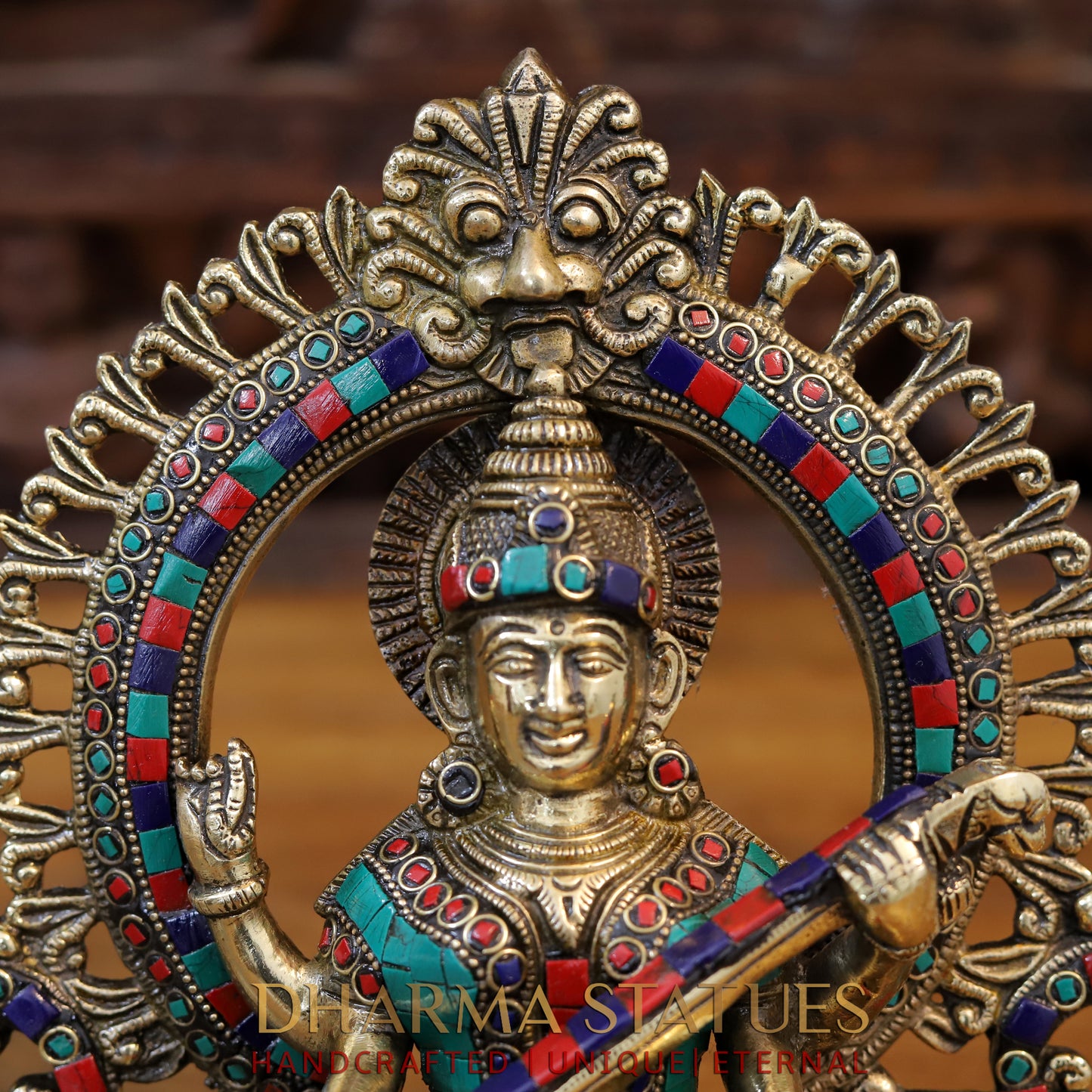 Brass Saraswati Statue seated on lotus, Golden & Stonework, 9.5"