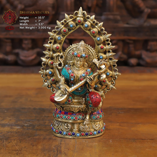 Brass Saraswati Seated, Golden & Stonework, 10.5" Front View
