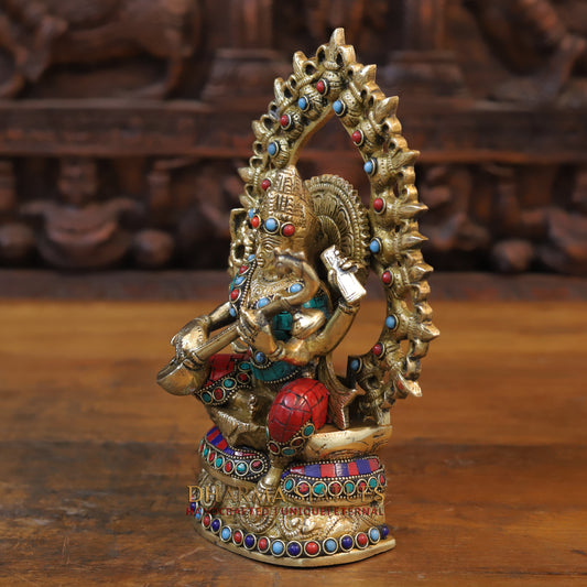 Brass Saraswati Seated, Golden & Stonework, 10.5"