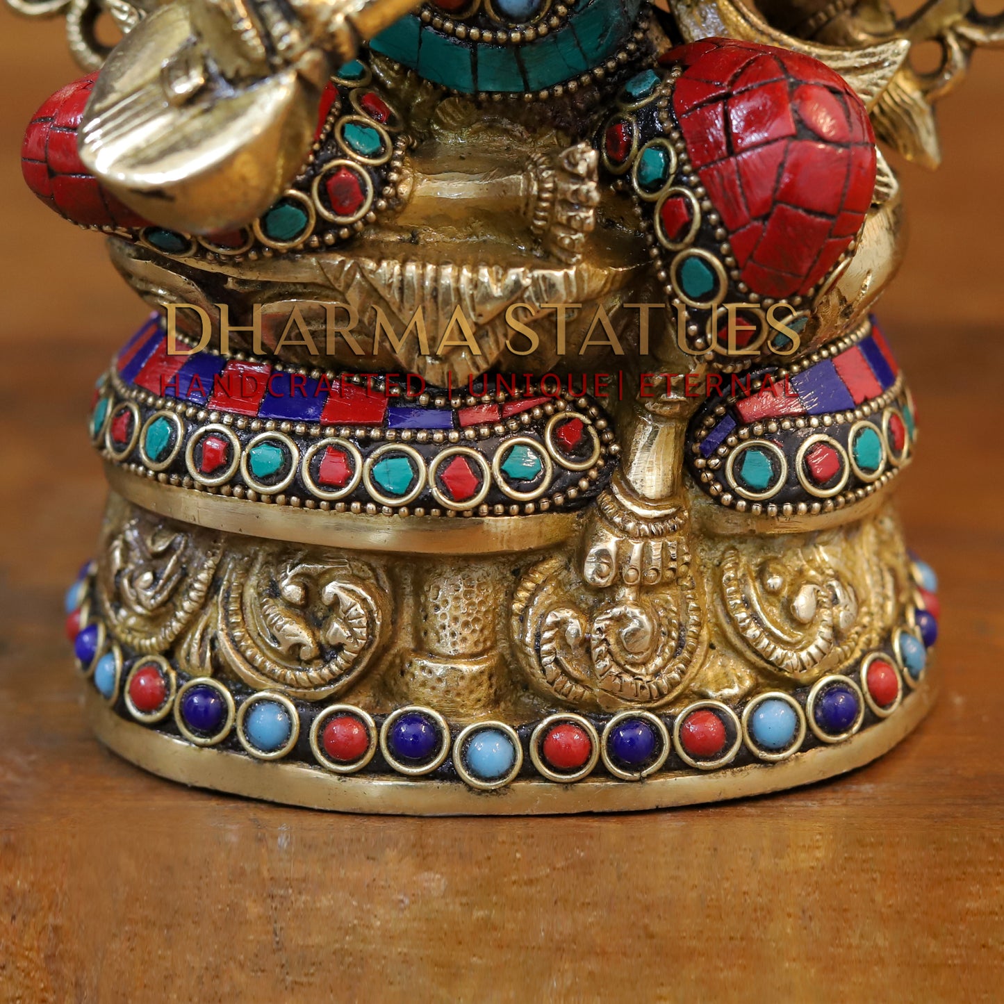 Brass Saraswati Seated, Golden & Stonework, 10.5"
