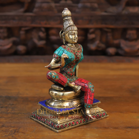 Brass Devi Parwati in Abhaya Mudra, Golden & Stonework, 9"