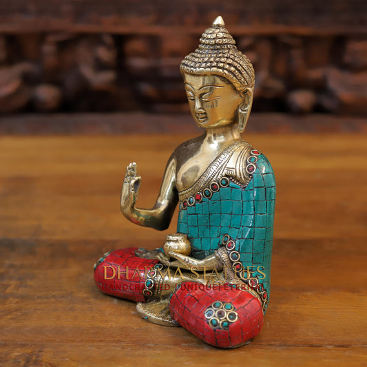 Brass Blessing Buddha, Golden & Stonework, 8"