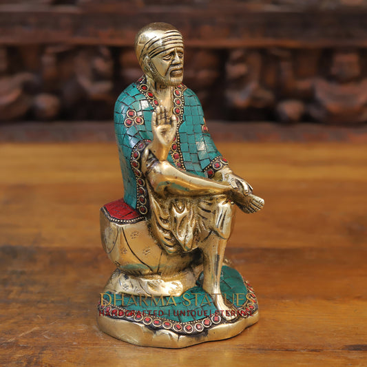 Brass Shirdi Sai Baba, Golden & Stonework, 8.5"