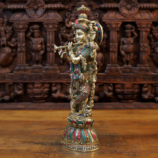 Brass Krishna Statue Playing Flute, Golden Finish & Stonework, 20.5"
