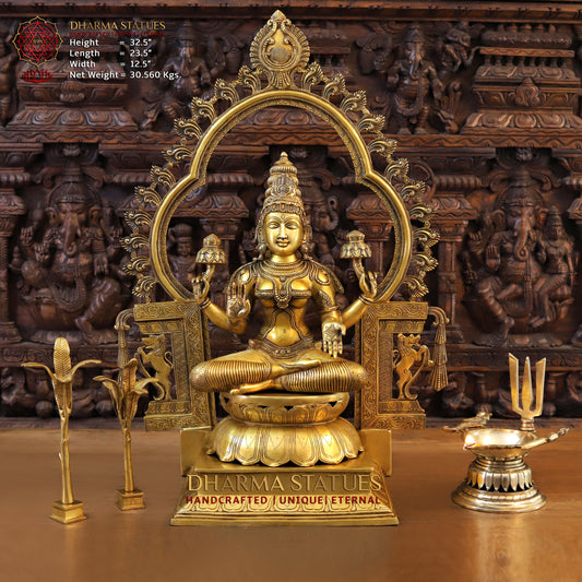 Brass Lakshmi Statue, Seated on a Throne, Fine Golden Finish, 32.5"
