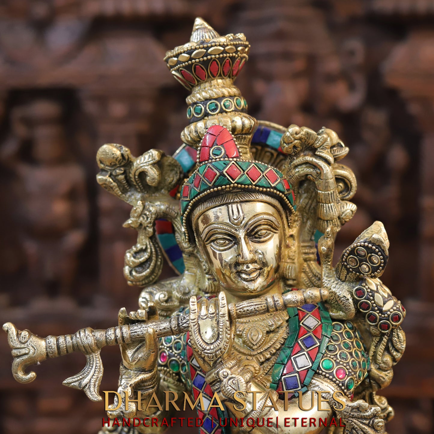Brass Krishna Statue Playing Flute, Golden Finish & Stonework, 20.5"