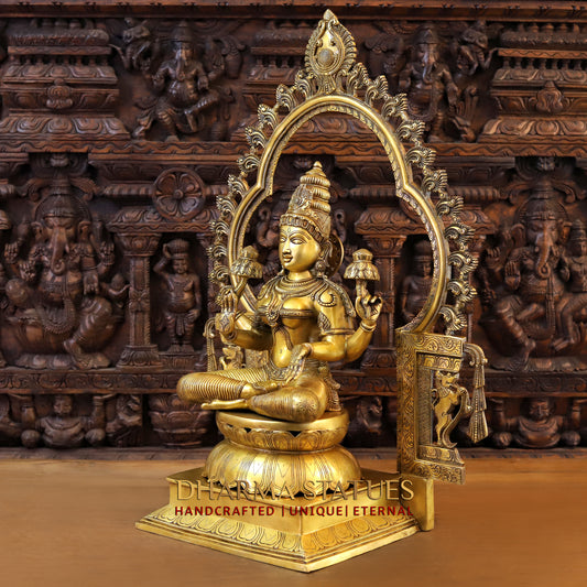 Brass Lakshmi Statue, Seated on a Throne, Fine Golden Finish, 32.5"