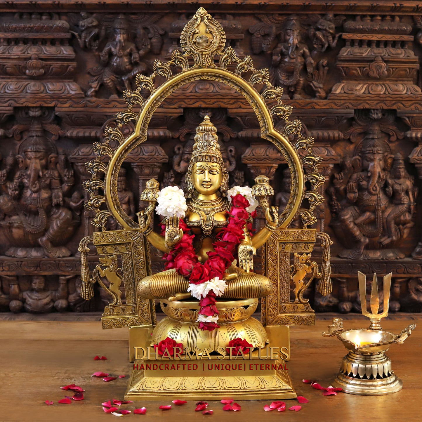 Brass Lakshmi Statue, Seated on a Throne, Fine Golden Finish, 32.5"