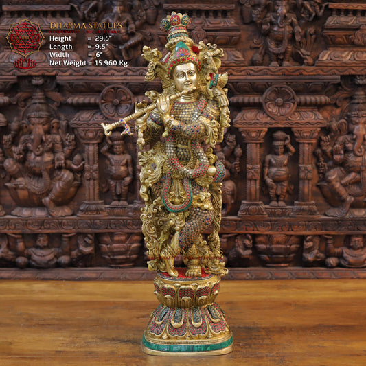 Brass Krishna Statue Playing Flute, Golden Finish & Stonework, 29.5"
