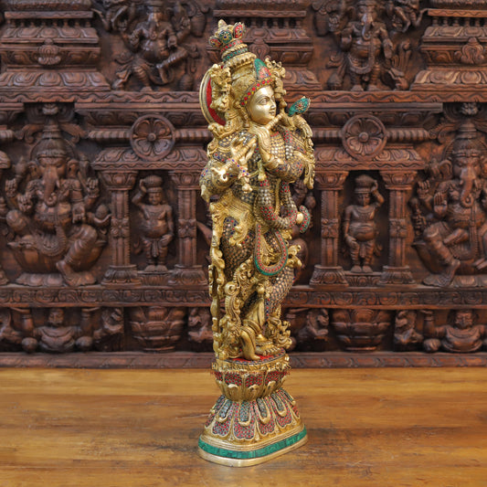 Brass Krishna Statue Playing Flute, Golden Finish & Stonework, 29.5"