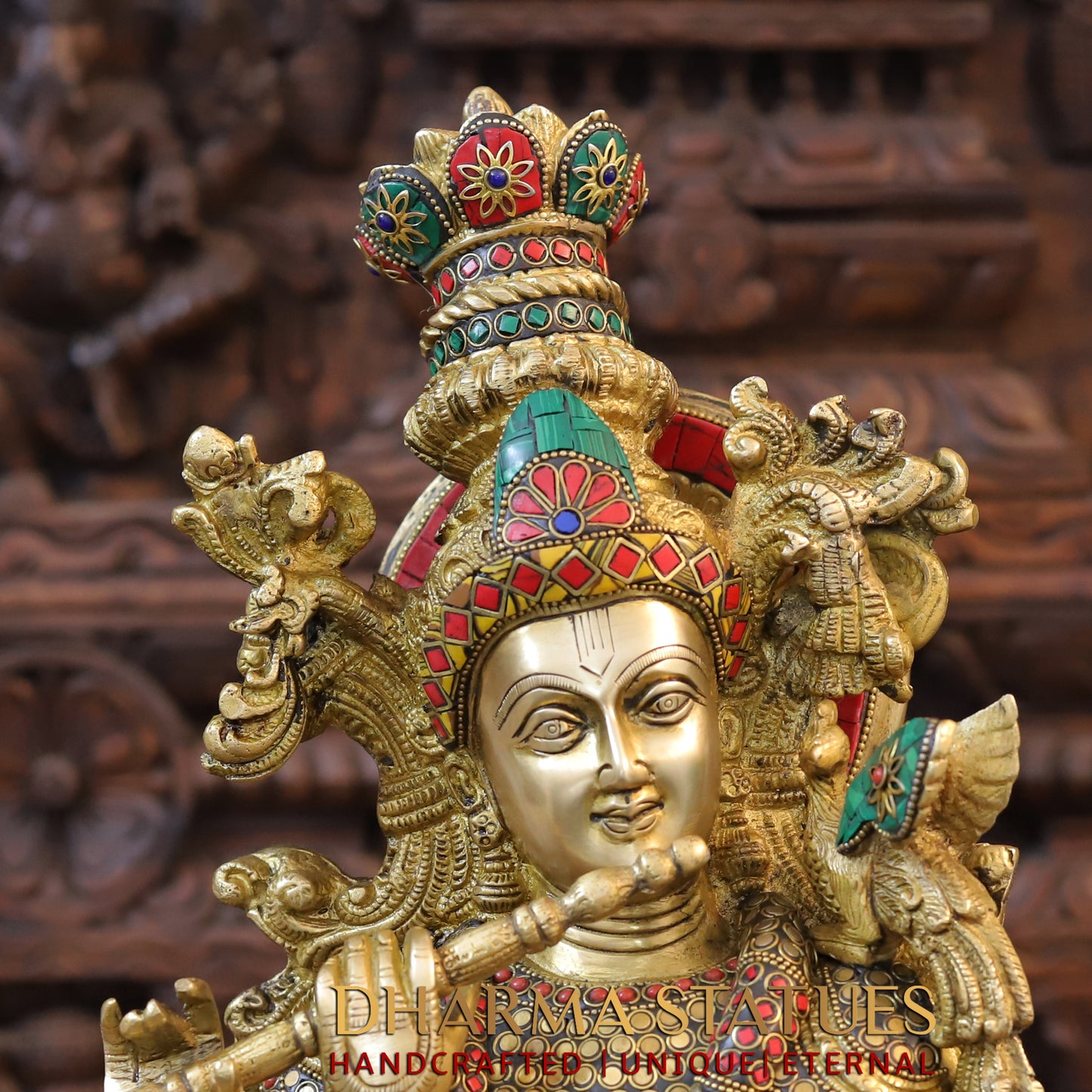 Brass Krishna Statue Playing Flute, Golden Finish & Stonework, 29.5"