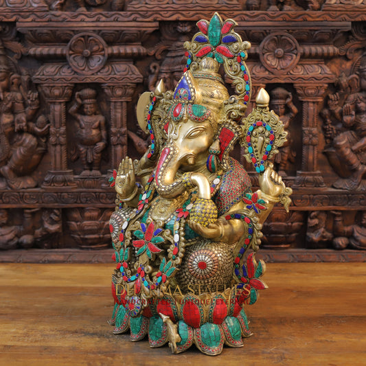 Brass Ganesh Seated with Rat, Golden Finish & Stonework, 24"